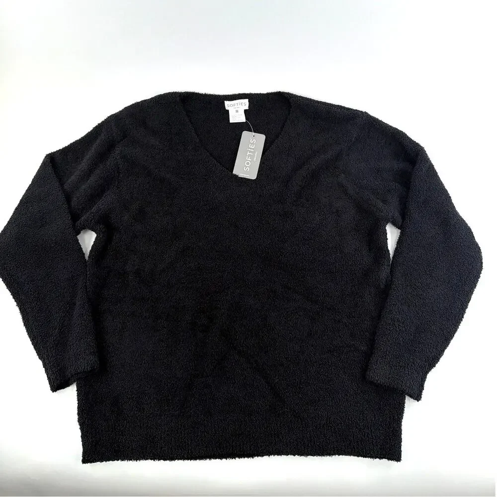Softies Black Solid Marshmallow V-Neck Lounge Set Size XL